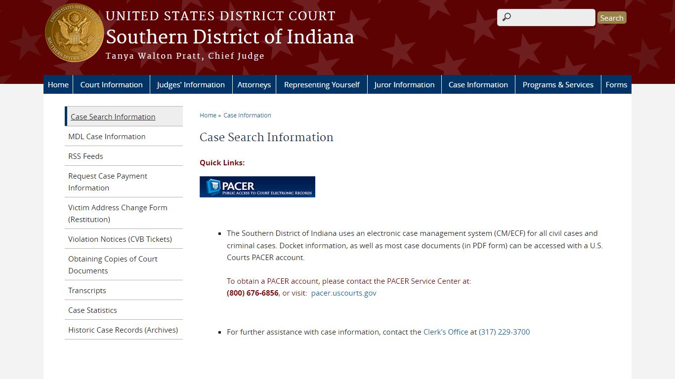 Case Search Information - Southern District of Indiana